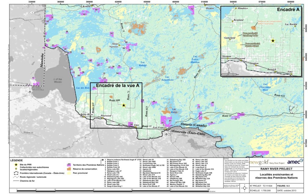 Carte illustrant l'emplacement des collectivités et des réserves des Premières Nations près de la zone du projet décrit à la section 5.2. 