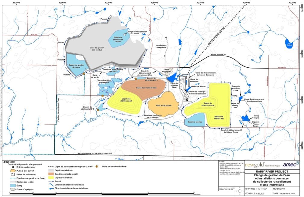 Carte illustrant l'emplacement des bassins de gestion des eaux et des points de rejet des effluents finaux décrit à la section 6.1.2. 
