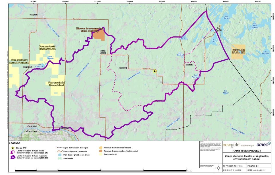 Figure 1-1 : Zones d'étude locale et régionale pour l'environnement naturel (Source: Étude d'impact environnemental du projet Rainy River, AMEC)