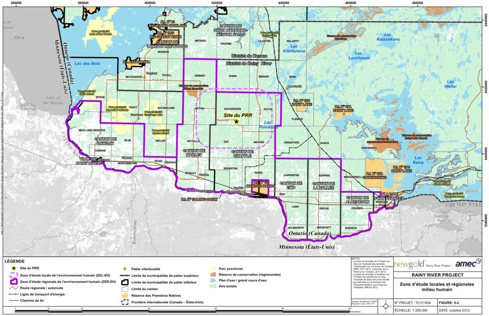 Figure 1-2 : Zones locale et régionale d'étude de l'environnement humain (Source: Étude d'impact environnemental du projet Rainy River, AMEC)