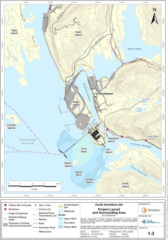 This map shows the general layout of project components described in Section 2.3., as well as other areas of existing or proposed industrial development, nearby residences and one Historic Site of Canada (the North Pacific Cannery). It shows Flora Bank, which is located immediately southeast of the proposed site for the Project's marine terminal.