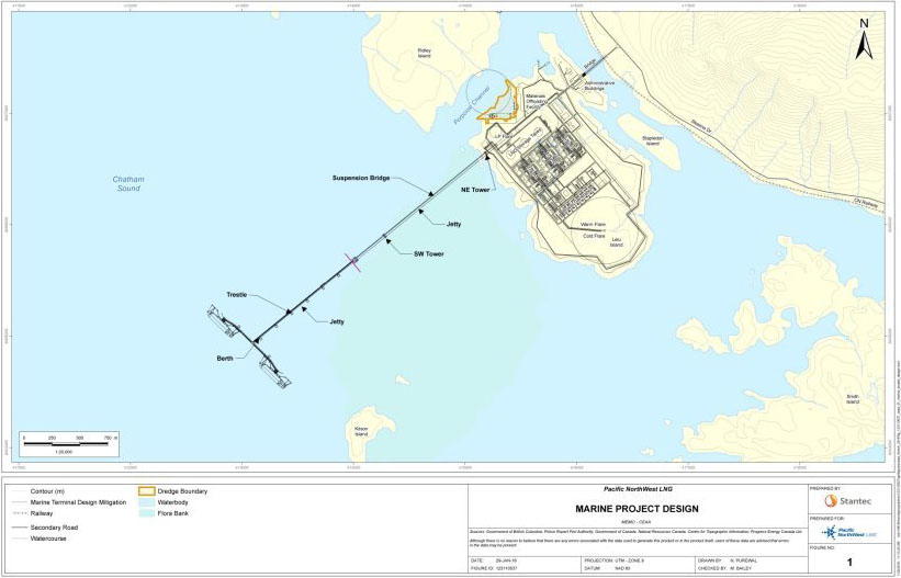 This map shows a more detailed layout of project components described in Section 2.3, with details of the marine terminal including the berths, suspension bridge and trestle.