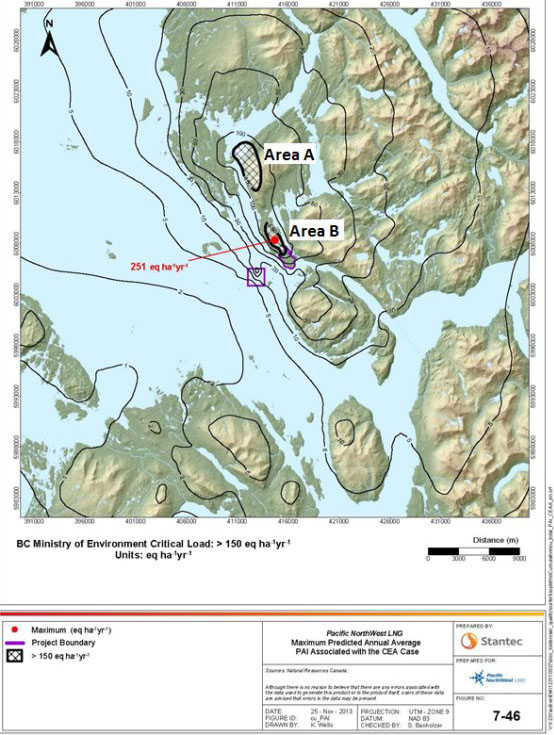 This map demonstrates two discrete areas, both located Northwest of the Project, where the modelled levels of acid deposition were found to exceed the critical load threshold set by the BC Ministry of Environment. This is described in Section 7.3.2 of this report.