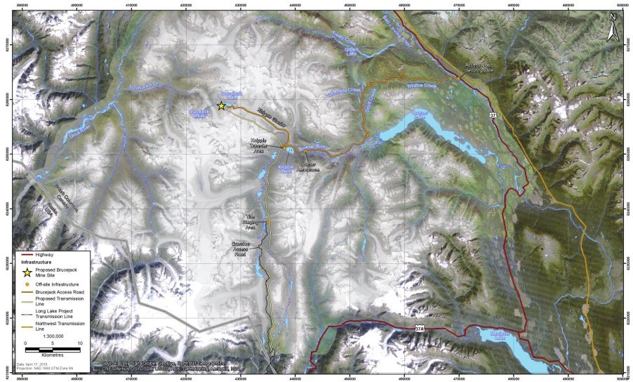 Map showing the project components as described in section 2.2. The map also shows the location of highways 37 and 37a, the Knipple Glacier, the Bowser Aerodrome, the Granduc access road and the Tide Staging Area.