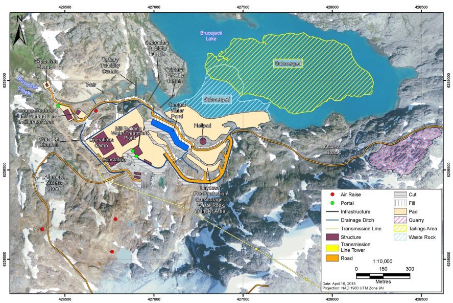 Map showing the general arrangement of the mine site as described in section 2.2. The map also includes the locations of structures, drainage ditches, tailings areas, transmission line, access road, waste rock storage, contact water pond, quarry and helipad. 
