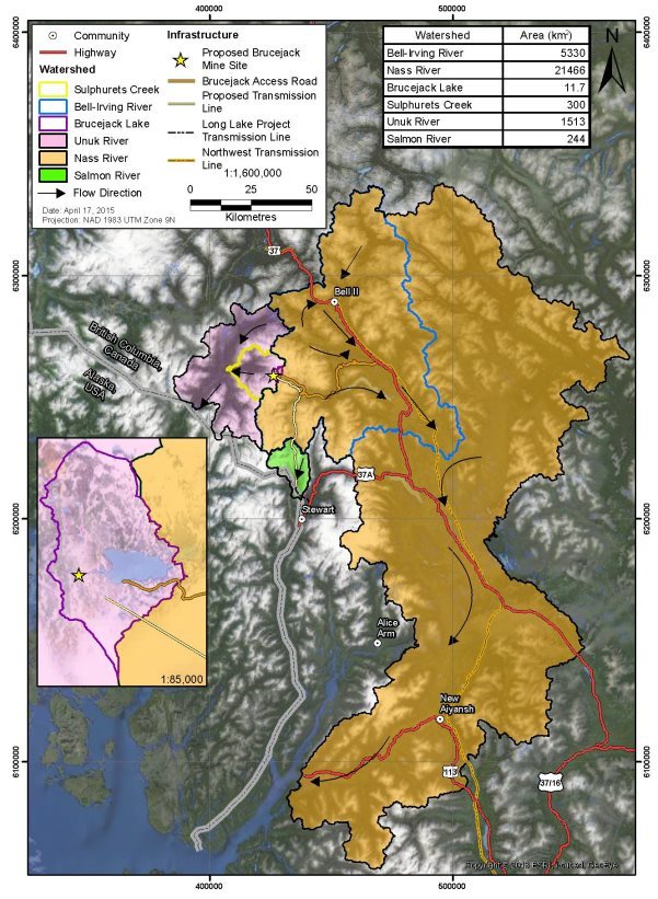 Map showing the key watersheds in the vicinity of the Project as described in section 5.1. The map delineates the Bell-Irving River Watershed, Nass River Watershed, Unuk River Watershed and Salmon River Watershed. The map also includes the locations of the Bell II lodge and the communities of Stewart and New Aiyansh, B.C.