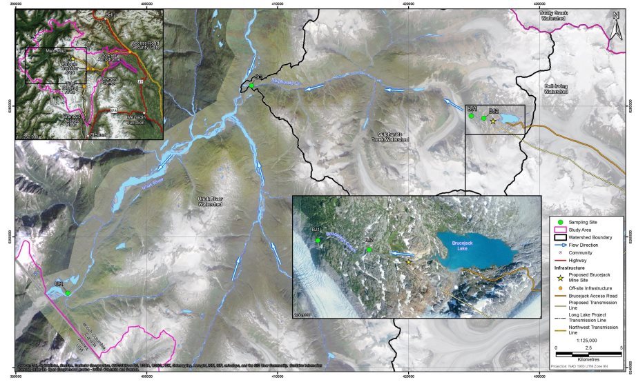 Map showing the location of water quality and quantity sampling points in the Unuk River Watershed as described in section 6.1.1. The map delineates three sampling points ? the first two are located in upper Sulphurets Creek, downstream from Brucejack Lake, and the third is located in lower Sulphurets Creek immediately upstream of its confluence with the Unuk River.