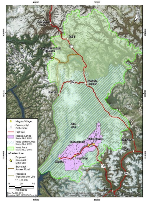 Map showing Nisga'a Lands, the Nass Wildlife Area and the Nass Area of Northwest B.C. as described in section 8. The map also includes the location of various communities, the Canada-United States border, Brucejack Mine Site, Brucejack access road, proposed transmission line and highways 37, 37A, 113, and 16.