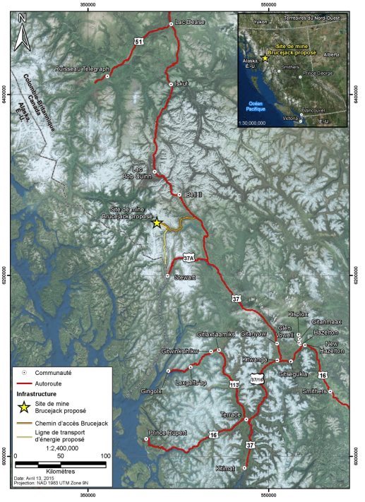 Carte montrant l'emplacement du Projet comme le décrit la section 2.1. La carte montre aussi l'emplacement de la frontière canado-américaine, les communautés à proximité, et l'infrastructure d'autoroute.