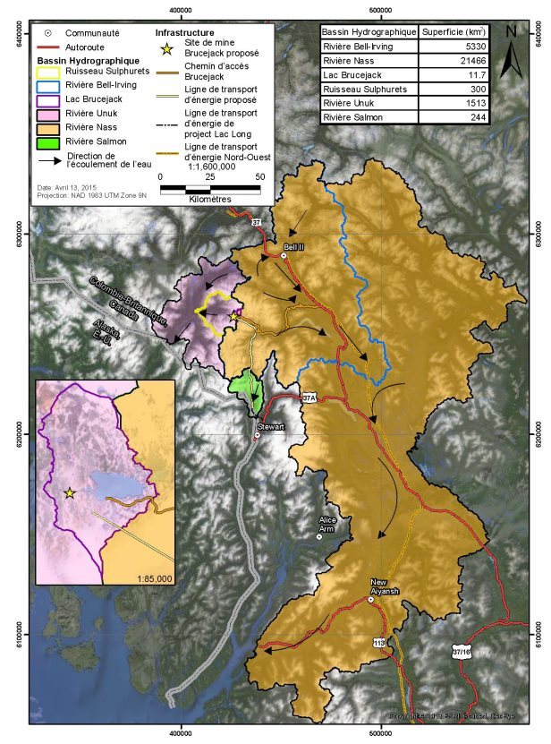 Carte montrant les bassins hydrographiques clés à proximité du Projet, comme le décrit la section 5.1. La carte définit le bassin hydrographique de la rivière Bell-Irving, le bassin hydrographique de la rivière Nass, le bassin hydrographique de la rivière Unuk et le bassin hydrographique de la rivière Salmon. La carte inclue aussi l'emplacement du pavillon Bell II et des communautés de Stewart et de New Aiyansh, C.B.