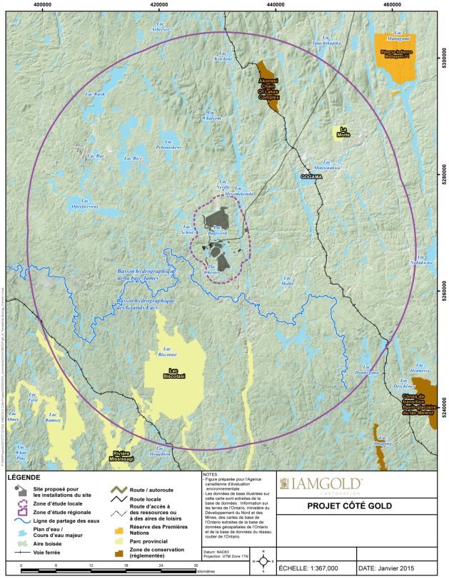 Une carte délimitant les zones d'étude locale et régionale utilisées pour évaluer la biologie terrestre.