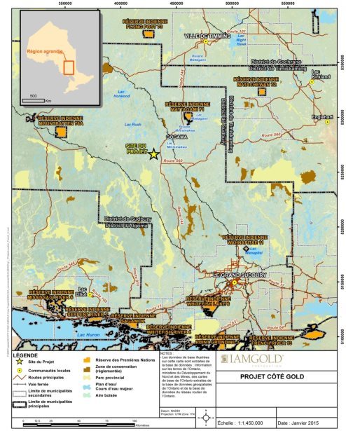Une carte illustrant l'emplacement du site du projet dans le district de Sudbury (Ontario), qui comprend également une carte en médaillon indiquant l'emplacement relatif du district dans la province.