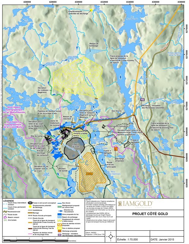 Une carte illustrant l'endroit proposé pour chaque composante de projet pour le projet de mine d'or Côté.