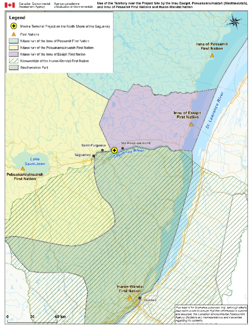 Figure 13: Use of the Territory near the Project Site by the Essipit Innu, Pekuakamiulnuatsh (Mashteuiatsh) and Pessamit First Nations and the Huron-Wendat Nation
