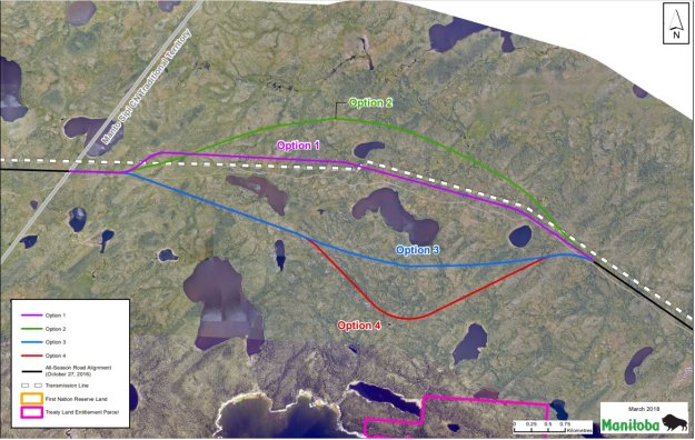 Figure 7: Alignment Options Under Consideration for the Road Segment Near Manto Sipi Cree Nation