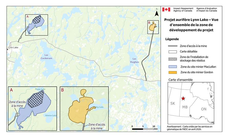 La zone du projet désigné est estimée couvrir approximativement 12,05 km² et est divisée en trois sections, soit la zone du site minier Gordon, la zone du site minier MacLellan et les zones d'accès à la mine.