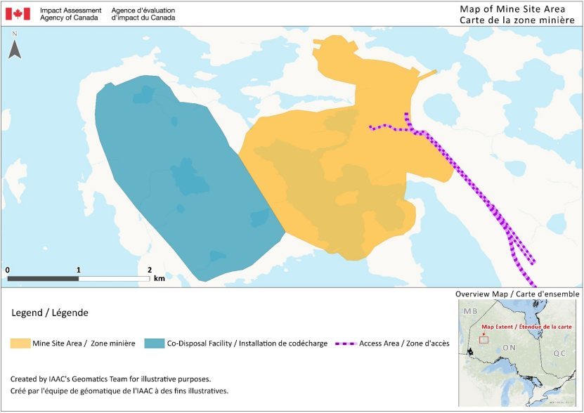 Zoomed in map showing mine site area with three main areas : a blue co-disposal facility area, an orange mine site area and a purple dashed line indicates the mine access area, with a scale bar and inset map of Ontario for location context.