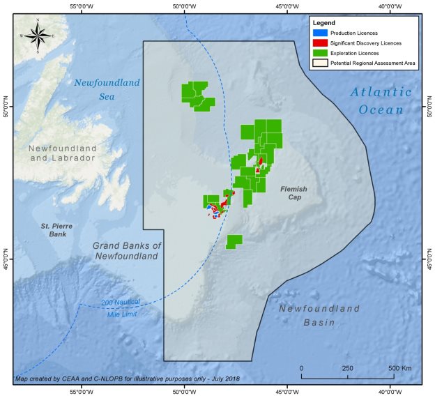 Map depicting the Study Area for the Regional Assessment, which covers a marine region of approximately 733,600 square kilometres in offshore Eastern Newfoundland. The Study Area contains waters within and beyond the 200 nautical mile Exclusive Economic Zone and extends to the United Nations Convention on the Law of the Sea Boundary. It extends from the Orphan Basin to the north and to the Tail of the Grand Banks in the south.