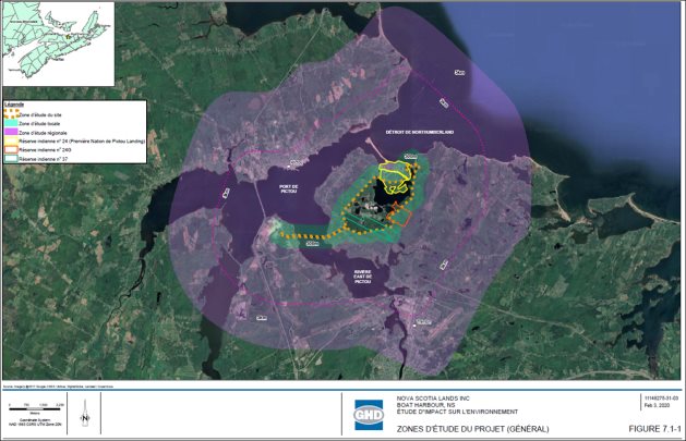 La ZES englobe l'installation de traitement des effluents, ainsi que la zone où se trouve la canalisation reliant l'usine de pâte à papier à l'installation de traitement des effluents. Pour la plupart des composantes valorisées, la ZEL englobe la ZES, ainsi que toutes les terres et eaux à 500 mètres de la ZES. Pour la plupart des composantes valorisées, la ZER englobe la ZES, la ZEL, ainsi que toutes les terres et eaux à une distance de deux à cinq kilomètres de la ZES, en fonction de la composante valorisée.