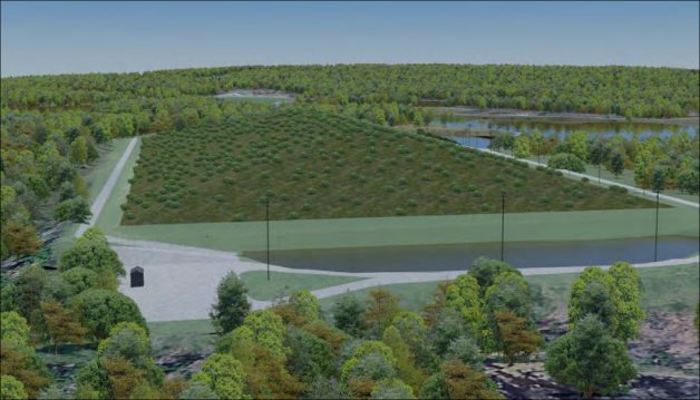 Rendu numérique de la cellule de confinement finale, de l'installation de pompage de lixiviat, du bassin de gestion des eaux pluviales et de la route d'accès.