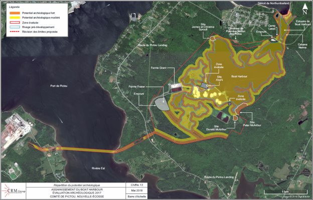 La majeure partie de la ZES présente un potentiel archéologique modéré à élevé. Quatre sites archéologiques, soit le site James et Christina Sproull, le site Donald McArthur, le site Peter McArthur et le site A'se'k 1, sont indiqués sur la figure.