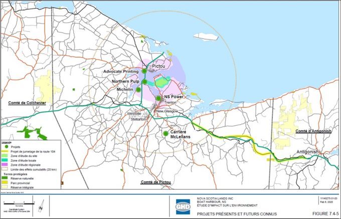 Les projets pris en compte dans l'évaluation des effets cumulatifs du promoteur comprennent ceux situés dans un rayon de 20 kilomètres autour de la ZES.