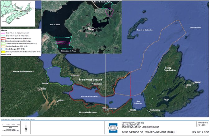 La ZES englobe les zones d'eau salée de la ZES définie pour la plupart des composantes valorisées, ainsi que le rivage du détroit de Northumberland tout juste à l'embouchure de l'estuaire. La ZEL englobe les eaux du détroit de Northumberland dans un rayon de 500 mètres du rivage du chemin Pictou, ainsi que les eaux dans un rayon de 500 mètres du pipeline sous-marin dans la rivière East. La ZER est la partie du détroit de Northumberland qui s'étend de l'est du pont de la Confédération vers la côte est de l'Île-du-Prince-Édouard.