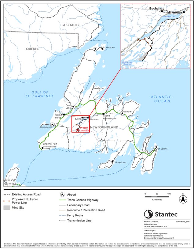 Map showing Newfoundland and Labrador with focus on the location of the designated project location near Millertown, highlighted by a red box and inset zoom. Key features include existing access roads, proposed hydro power line, airports, highways, secondary and resource roads, ferry routes, and transmission lines, with color-coded legend for clear infrastructure identification