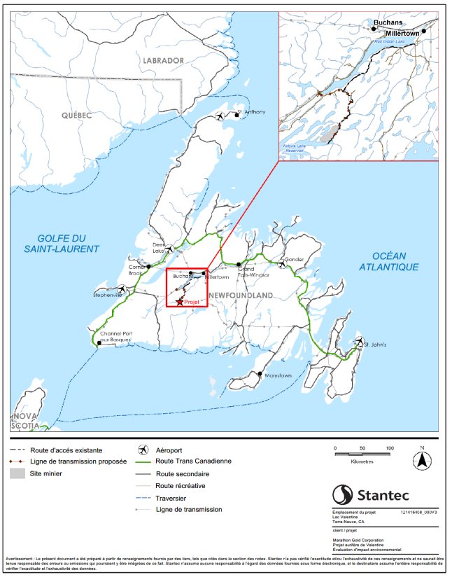 Carte montrant Terre-Neuve-et-Labrador, mettant l'accent sur l'emplacement du projet désigné près de Millertown, mis en évidence par un encadré rouge et un encart de zoom. Les principaux éléments comprennent les routes d'accès existantes, la ligne hydroélectrique proposée, les aéroports, les autoroutes, les routes secondaires et de ressources, les liaisons par traversier et les lignes de transmission, avec une légende codée par couleurs permettant une identification claire des infrastructures.