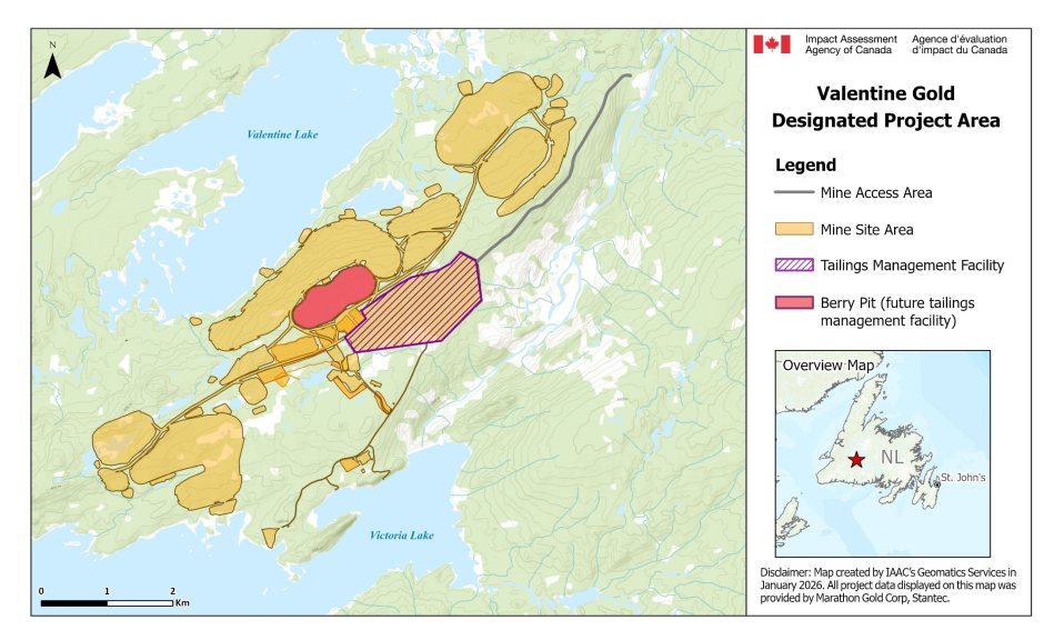 Map of the Valentine Gold Designated Project Area, illustrating the location and footprint of the Mine Access Area, Mine Site Area the Tailings Management Facility and the Berry Pit (future tailings management facility).