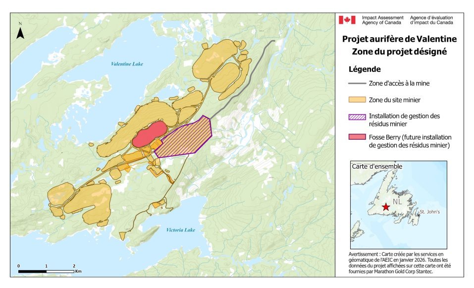 Carte de la zone du projet désigné du projet aurifère Valentine, illustrant l'emplacement et l'empreinte de la zone d'accès à la mine, de la zone du site minier, de l'installation de gestion des résidus miniers et de la fosse Berry (future installation de gestion des résidus).