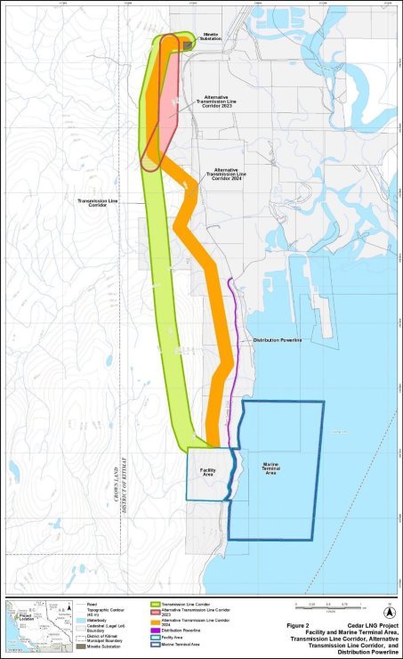 The base Transmission Line Corridor right-of-way would be up to 45 metres wide, except in the case of danger tree removal, and located within the base Transmission Line Corridor.