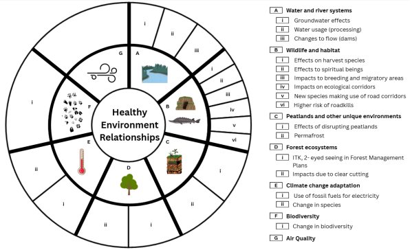 Une roue avec le texte centré &laquo;&nbsp;Relations saines avec l'environnement&nbsp;&raquo;, ainsi que des symboles et des couleurs représentant ce qui suit&nbsp;: Eau et réseaux hydrographiques (répercussions sur les eaux souterraines, consommation d'eau [traitement], modifications du débit [barrages]); Faune et habitat (répercussions sur les espèces récoltées, répercussions sur les êtres spirituels, impacts sur les zones de reproduction et de migration, impacts sur les corridors écologiques, utilisation des corridors routiers par de nouvelles espèces, risque accru de frapper des animaux sur la route); Tourbières et autres environnements uniques (répercussions de la perturbation des tourbières, pergélisol); Écosystèmes forestiers (ITK et vision à double perspective pour les plans de gestion forestière, répercussions des coupes à blanc); Adaptation aux changements climatiques (utilisation de combustibles fossiles pour la production d'électricité, changement dans les espèces); Biodiversité; Qualité de l'air.