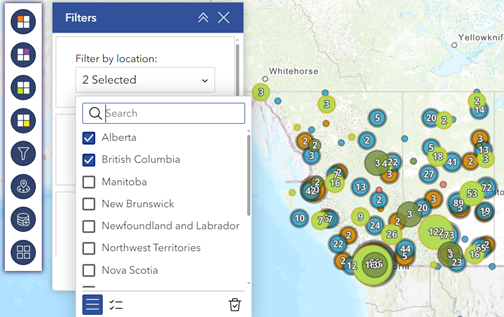 Map displays filtered results for all assessments in selected locations