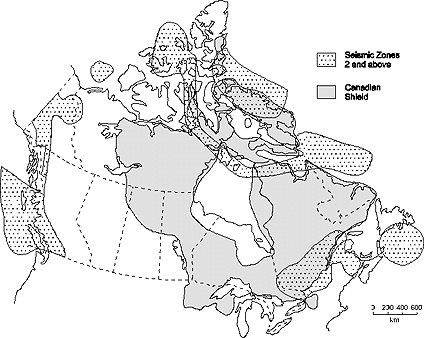 Figure 5: Potential Availability of Sites in Canada (source: AECL, afterR-Siting, page 45) Suggested exclusion areas: seismic zones 2 and above Canadian Shield